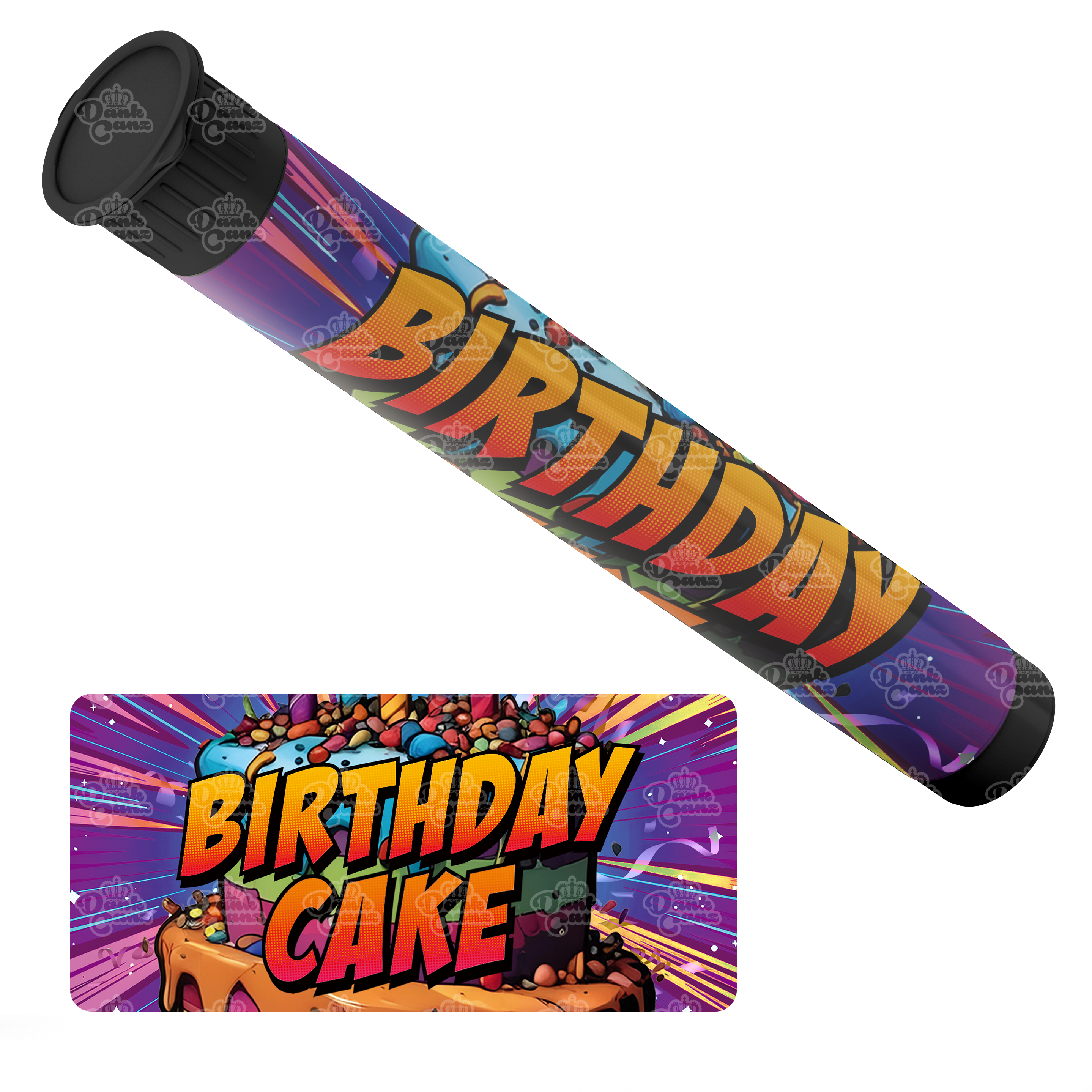 Birthday Cake Pre Roll Tubes - Labelled - DC Packaging Custom Cannabis Packaging