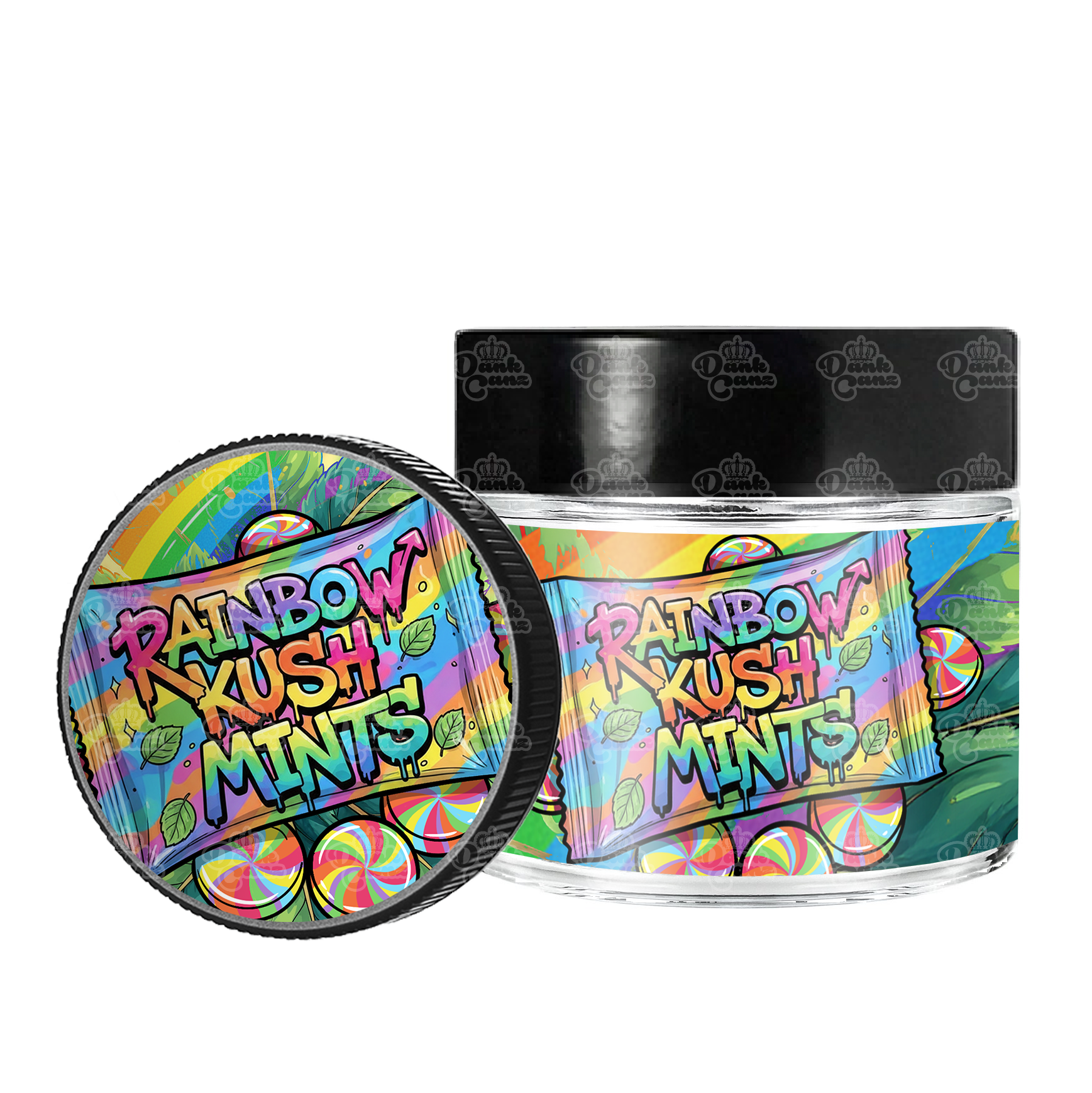 Rainbow Kush Mints 3.5g/60ml Glass Jars - Labelled - DC Packaging Custom Cannabis Packaging