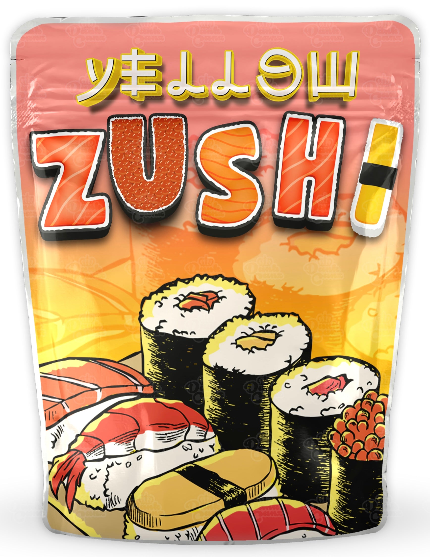 Yellow Zushi Mylar Bags - DC Packaging Custom Cannabis Packaging