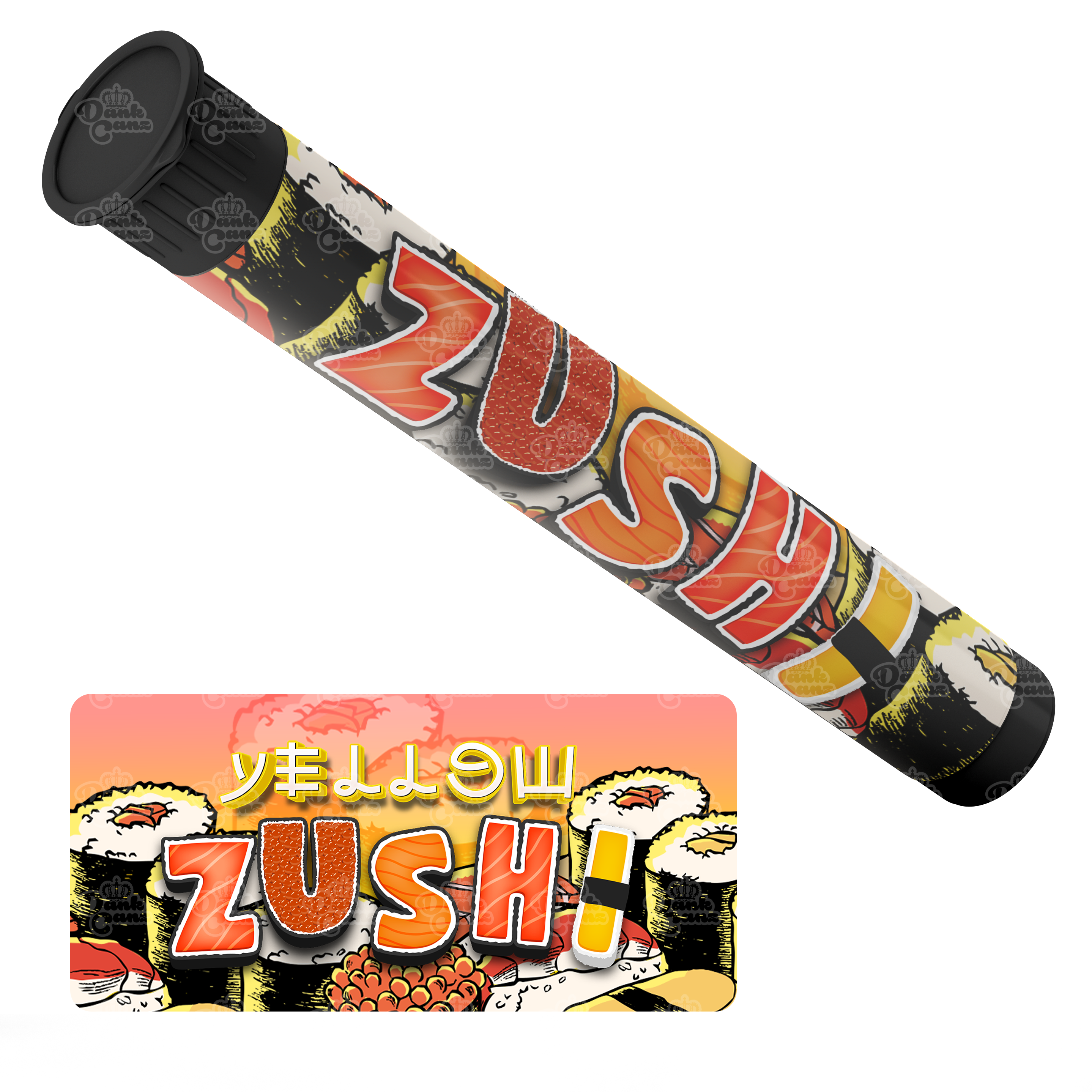 Yellow Zushi Pre Roll Tubes - Labelled - DC Packaging Custom Cannabis Packaging