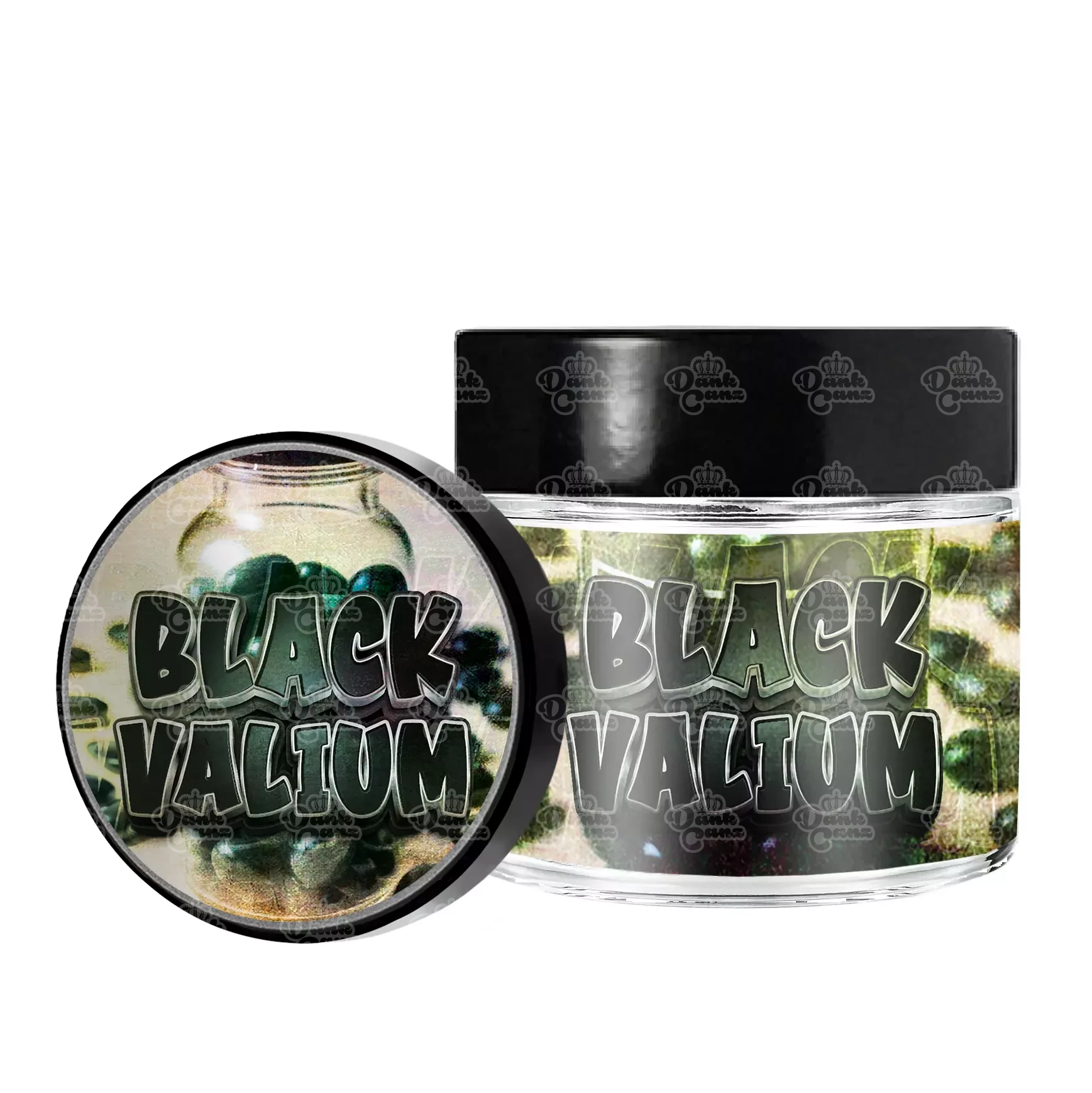 Black Valium 3.5g/60ml Glass Jars - Labelled - DC Packaging Custom Cannabis Packaging