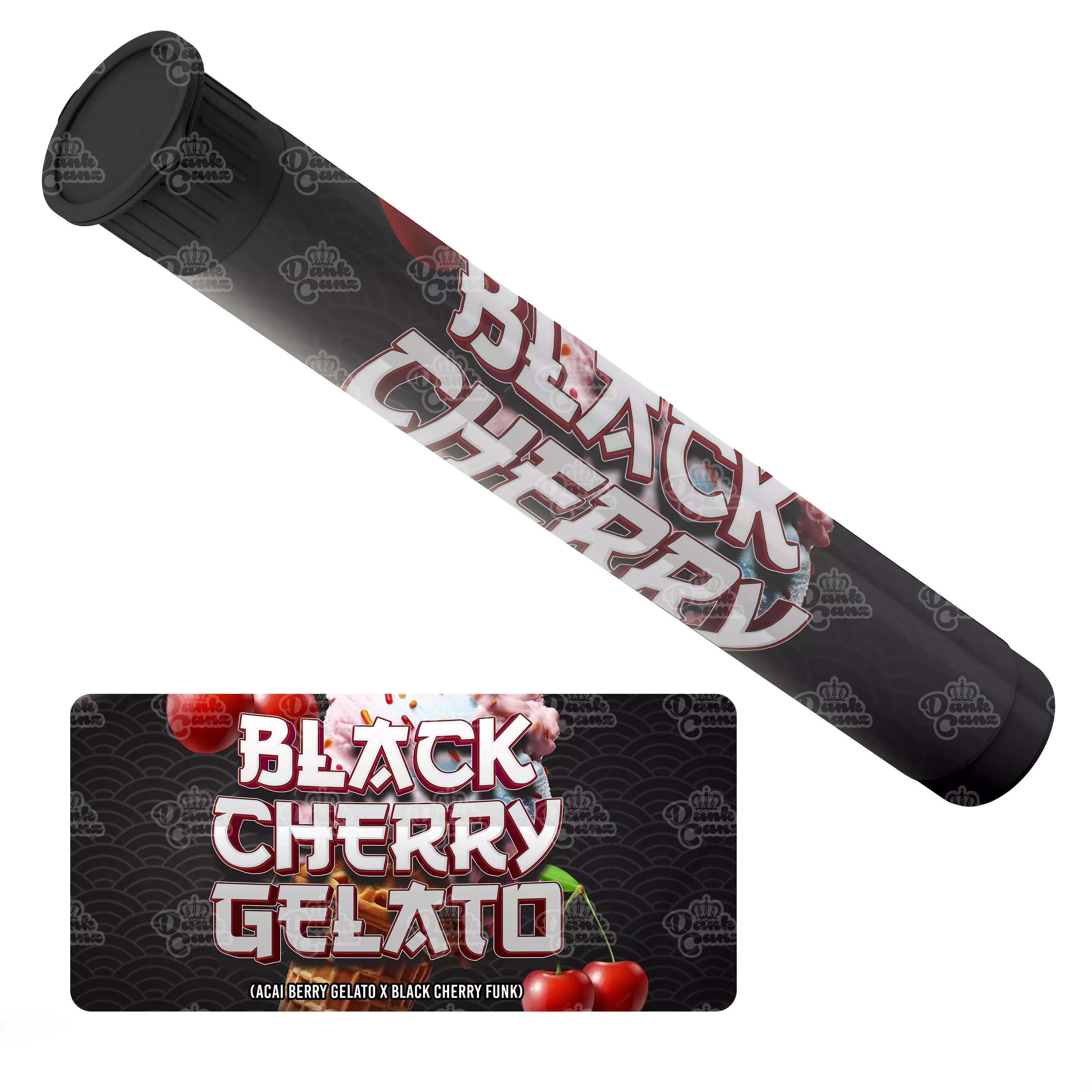 Black Cherry Gelato Pre Roll Tubes - Labelled - DC Packaging Custom Cannabis Packaging