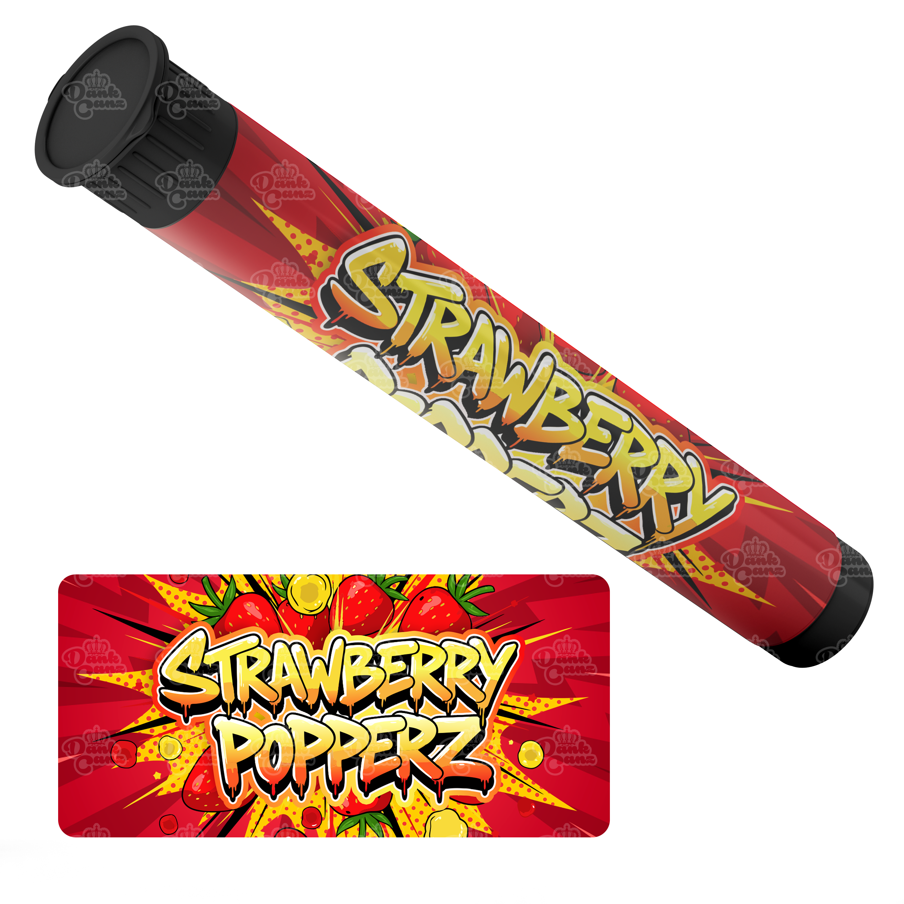 Strawberry Popperz Pre Roll Tubes - Labelled - DC Packaging Custom Cannabis Packaging