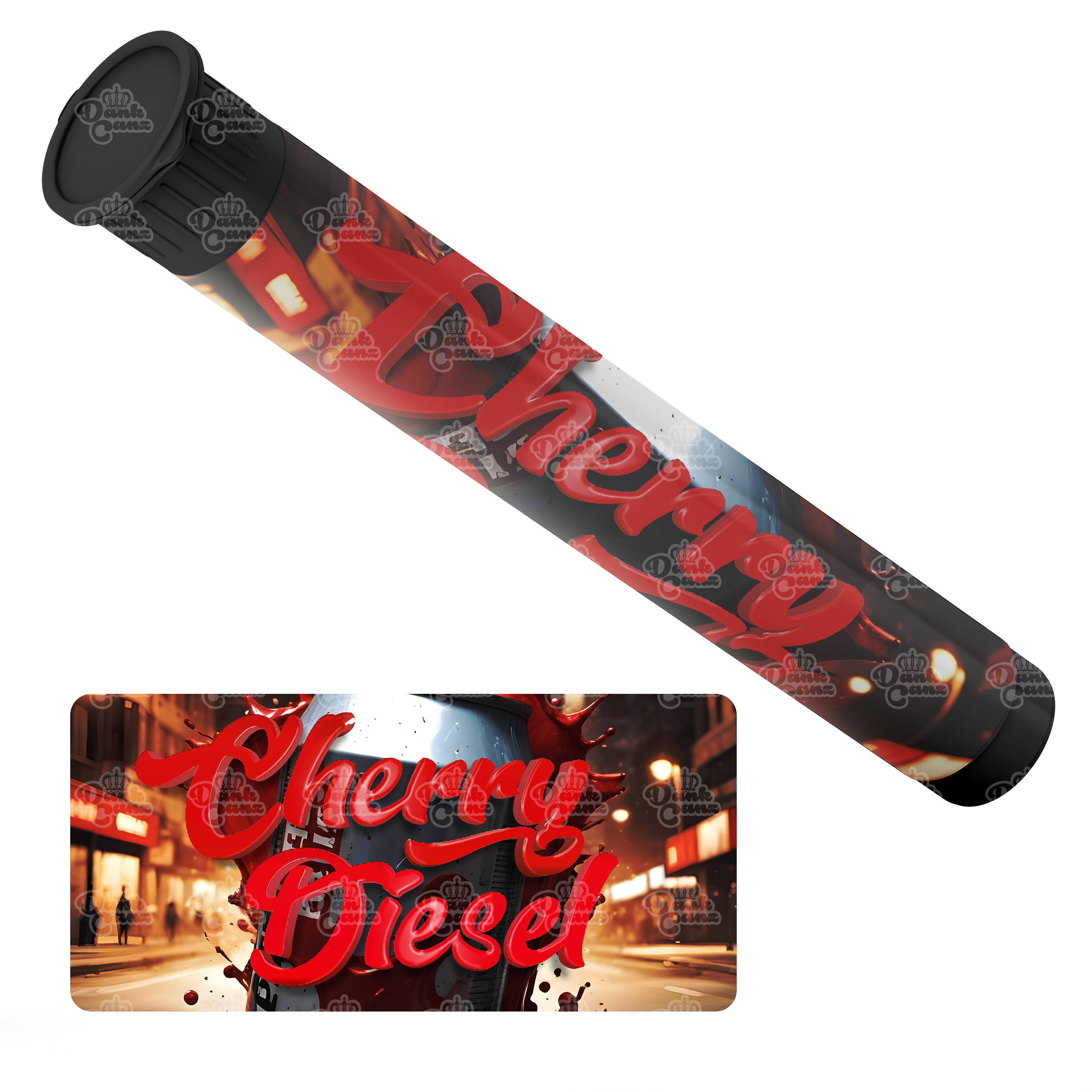 Cherry Diesel Pre Roll Tubes - Labelled - DC Packaging Custom Cannabis Packaging