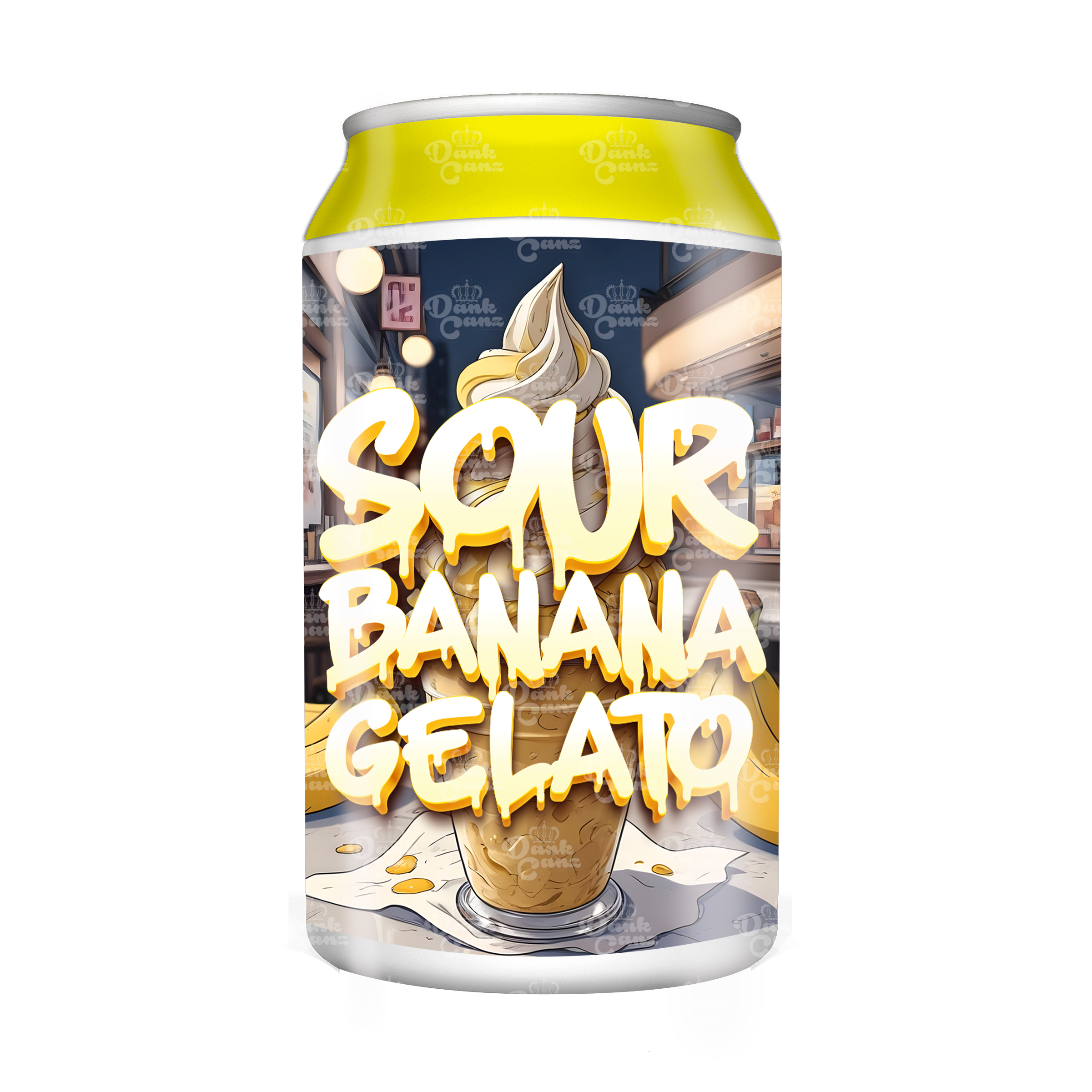 Sour Banana Gelato 3.5g Plastic Soda Cans - DC Packaging Custom Cannabis Packaging