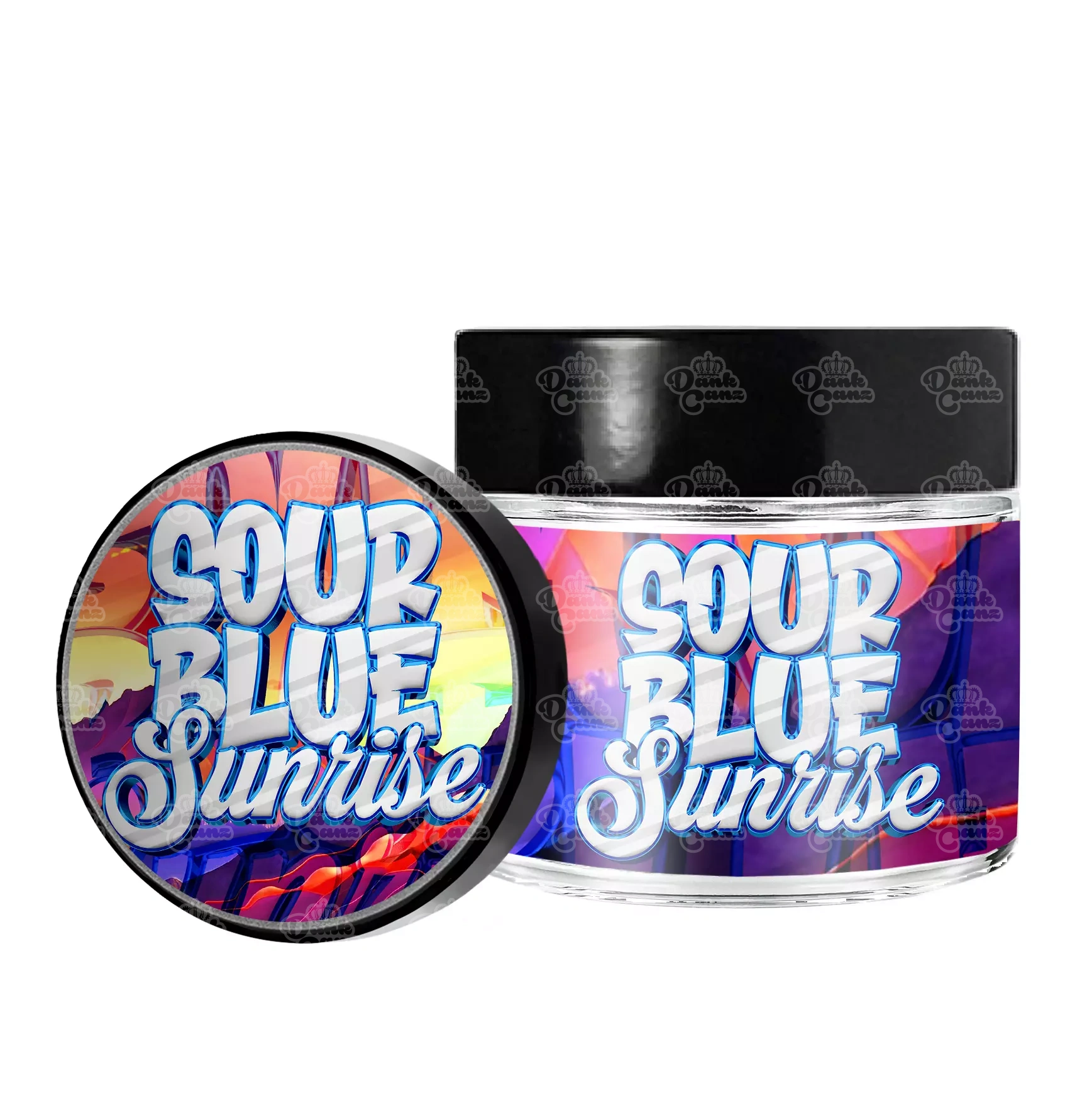 Sour Blue Sunrise 3.5g/60ml Glass Jars - Labelled - DC Packaging Custom Cannabis Packaging