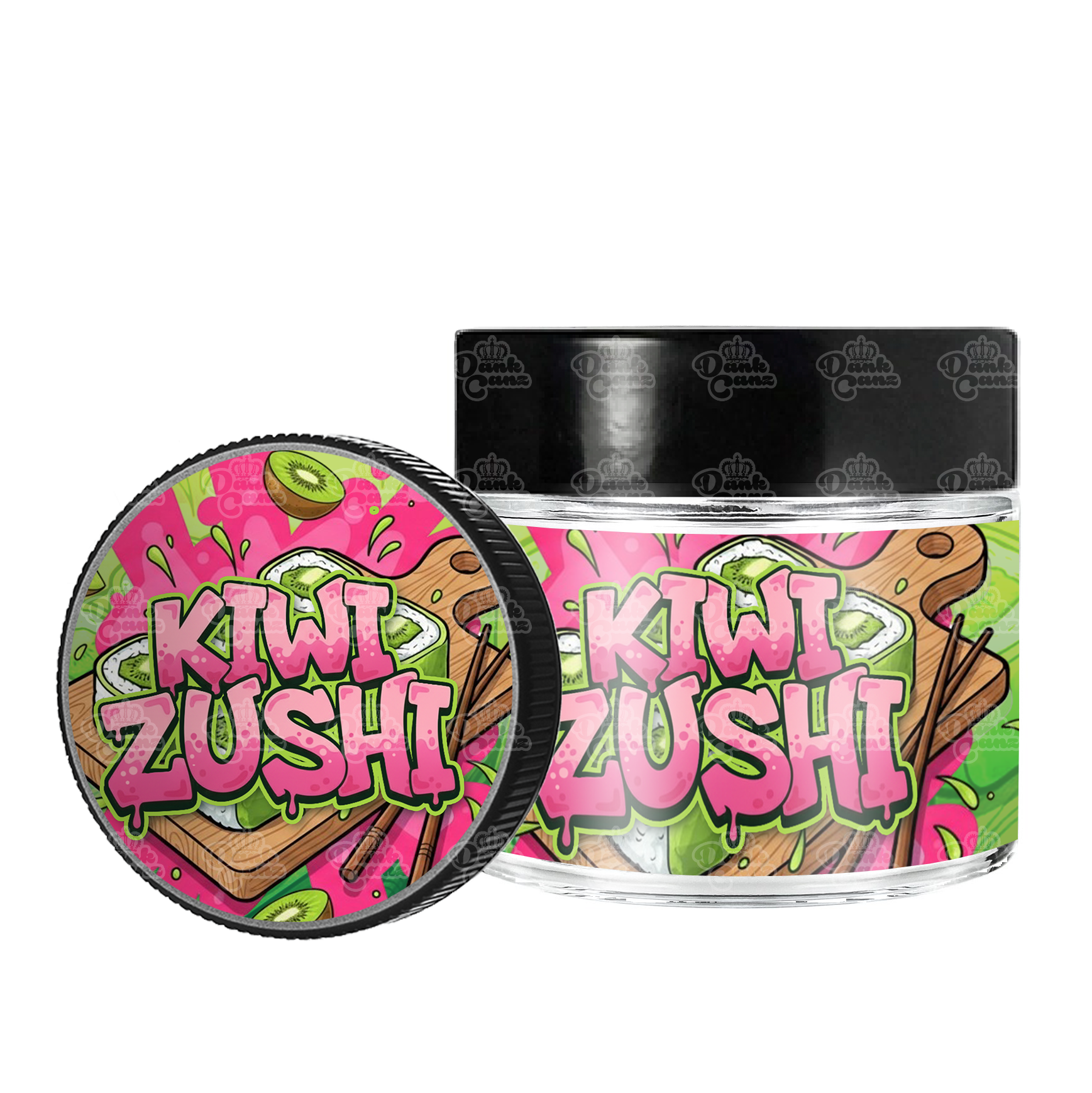 Kiwi Zushi 3.5g/60ml Glass Jars - Labelled - DC Packaging Custom Cannabis Packaging