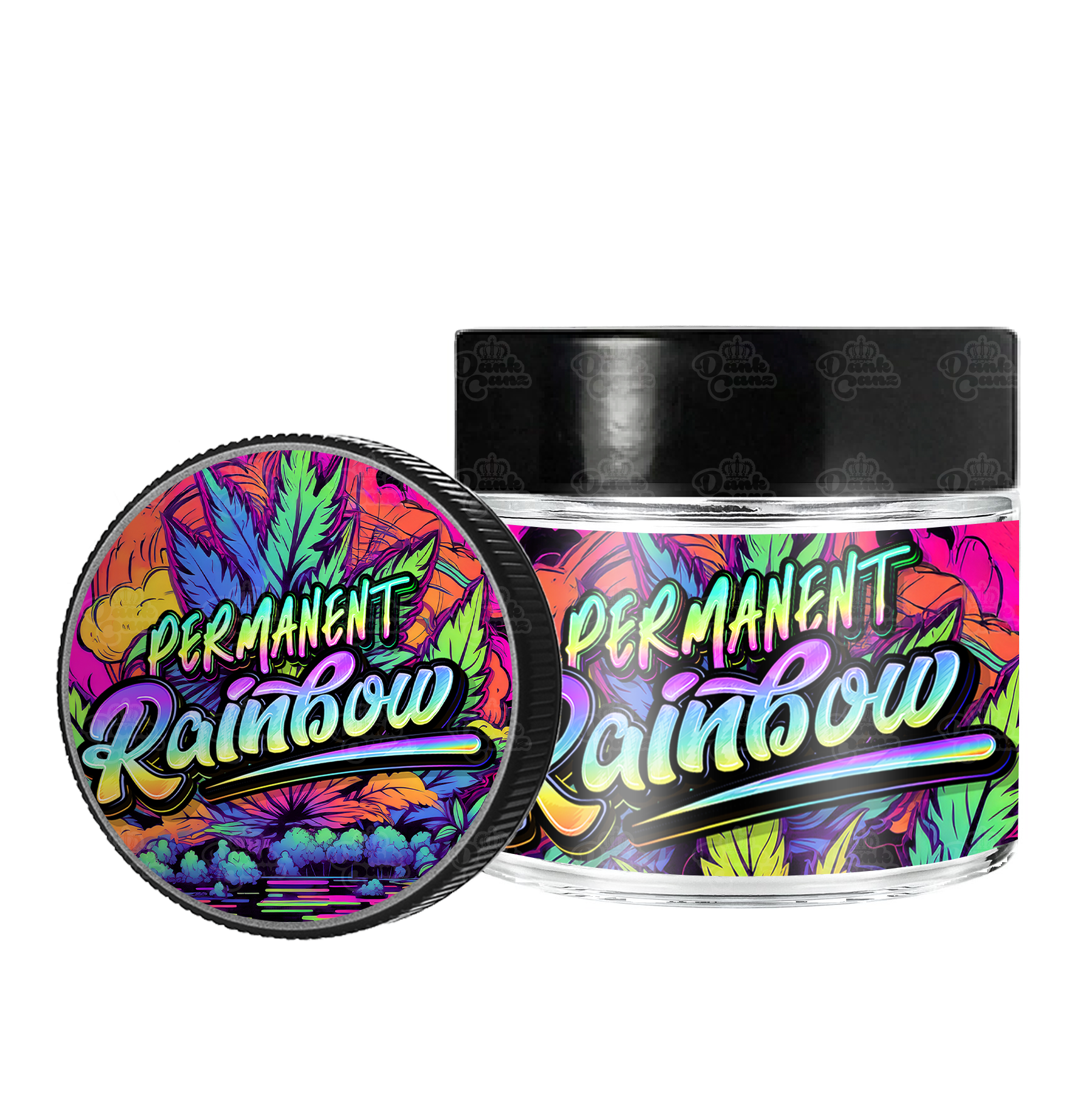 Permanent Rainbow 3.5g/60ml Glass Jars - Labelled - DC Packaging Custom Cannabis Packaging
