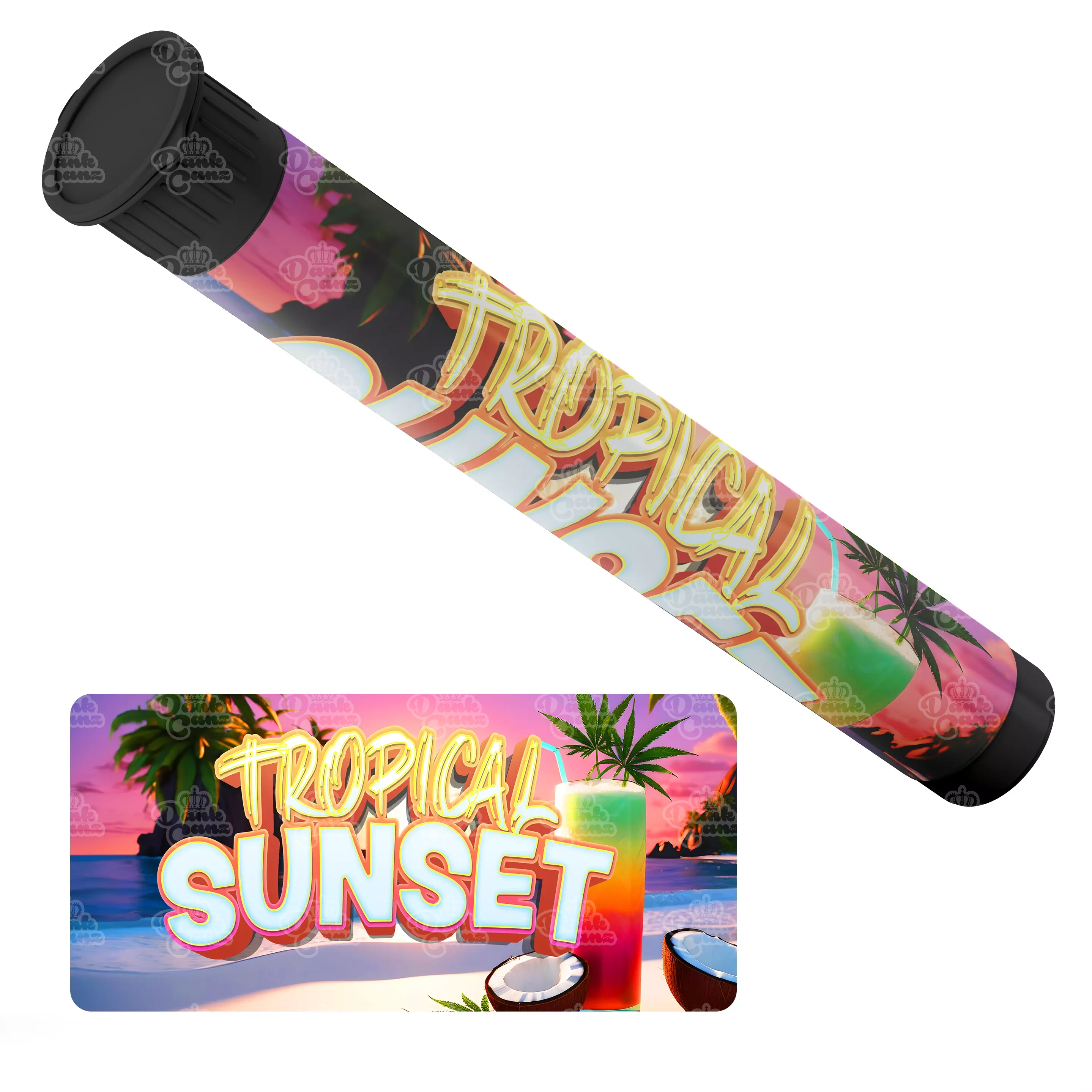 Tropical Sunset Pre Roll Tubes - Labelled - DC Packaging Custom Cannabis Packaging