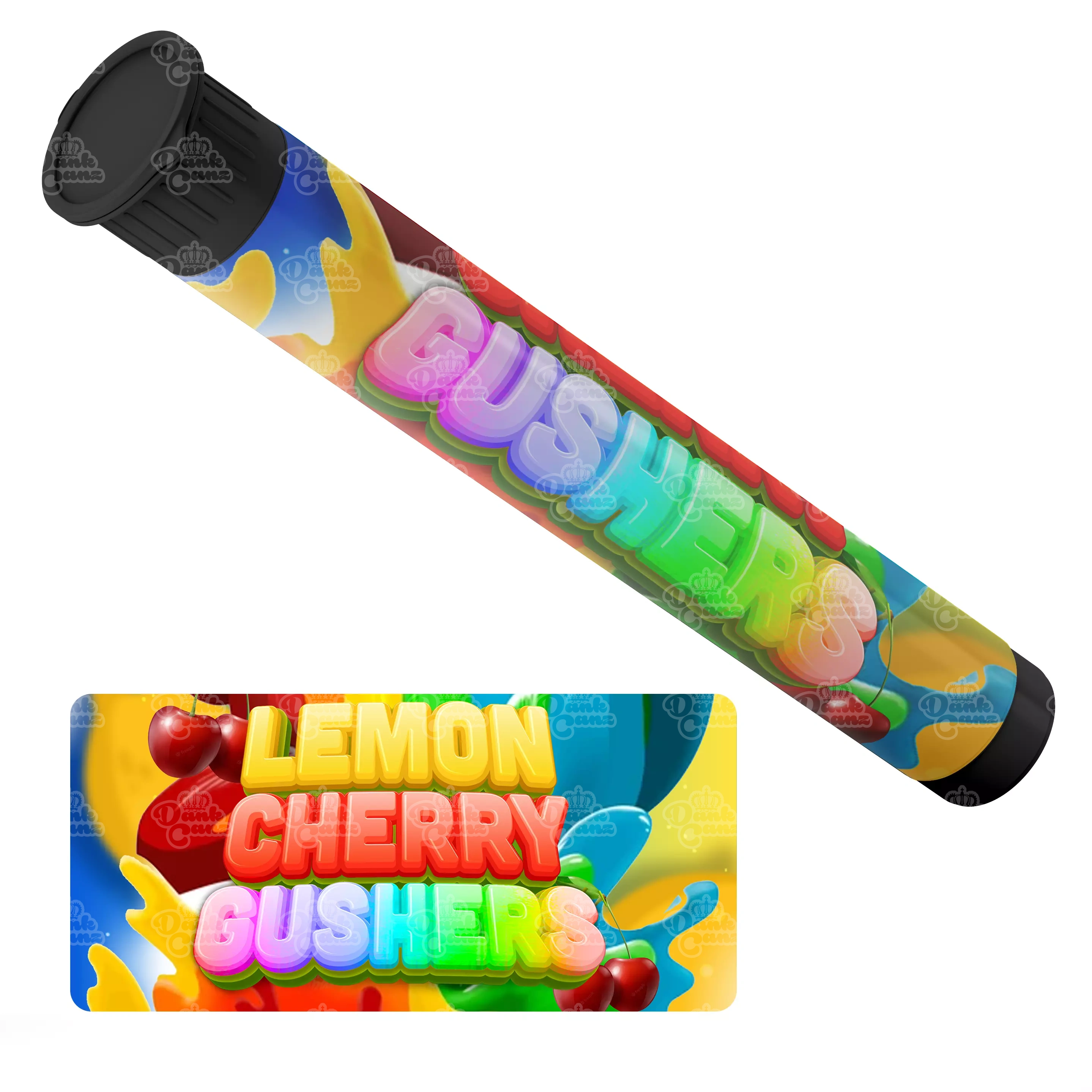 Lemon Cherry Gushers Pre Roll Tubes - Labelled - DC Packaging Custom Cannabis Packaging