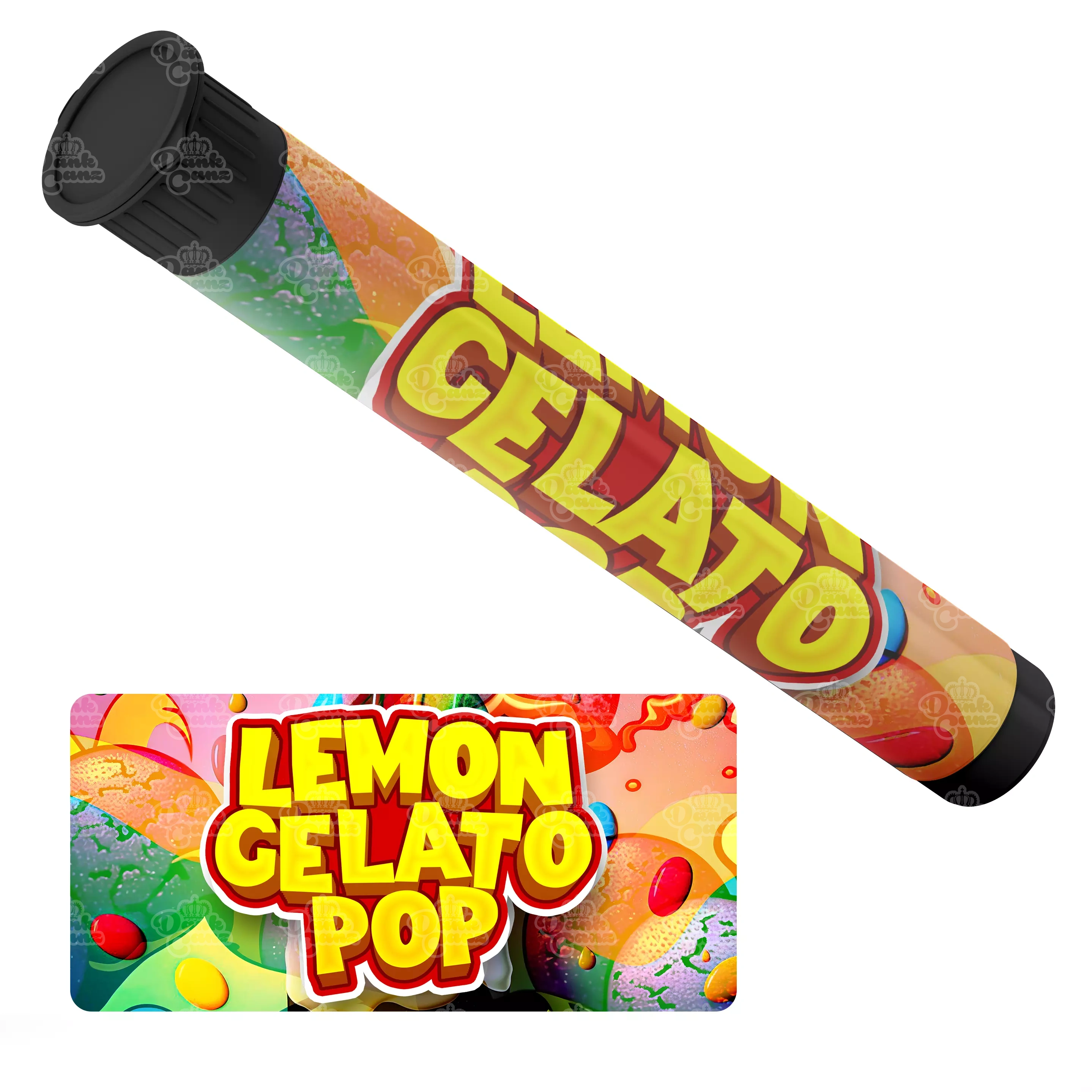 Lemon Gelato Pop Pre Roll Tubes - Labelled - DC Packaging Custom Cannabis Packaging