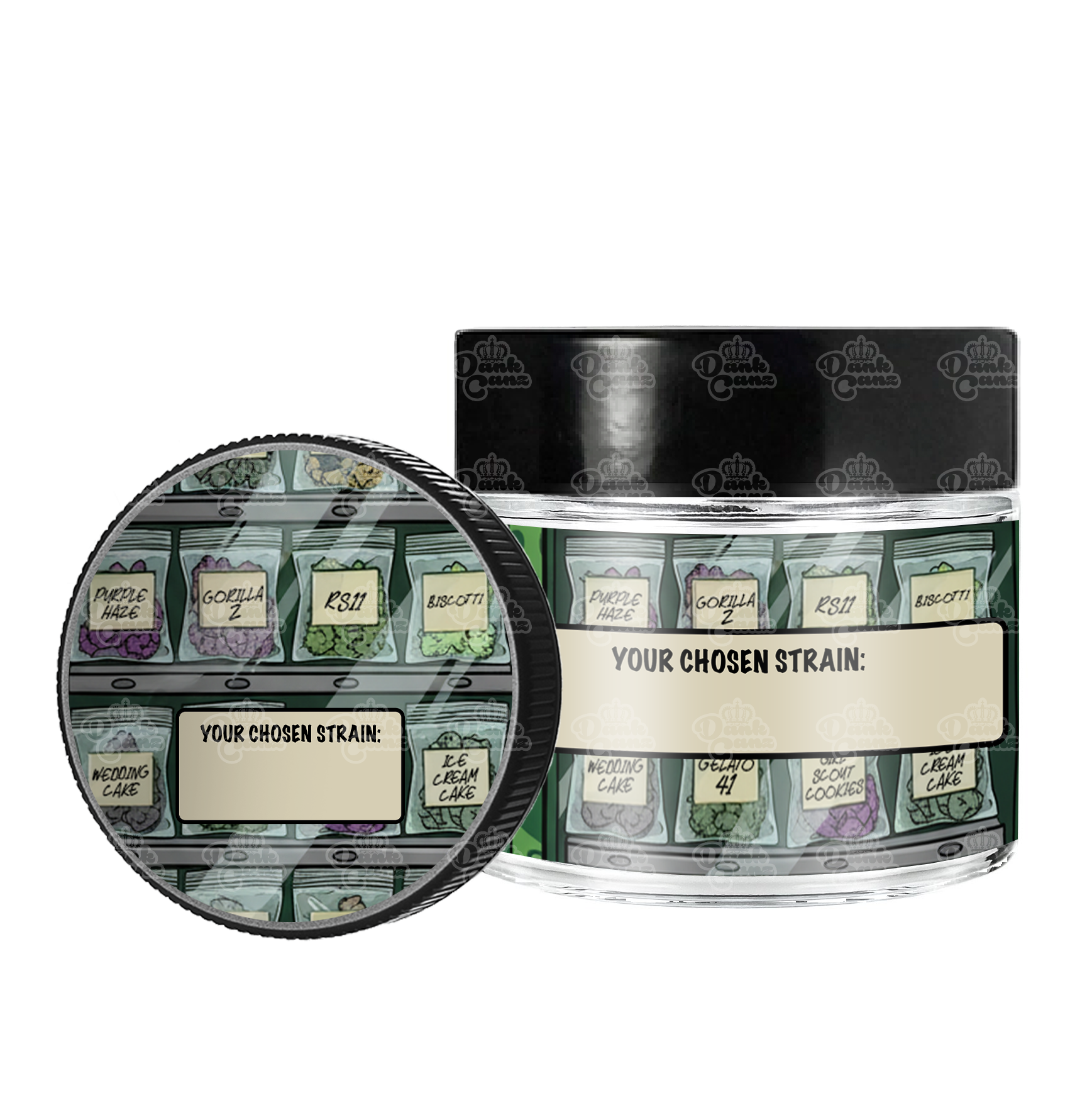 Your Chosen Strain 3.5g/60ml Glass Jars - Labelled - DC Packaging Custom Cannabis Packaging