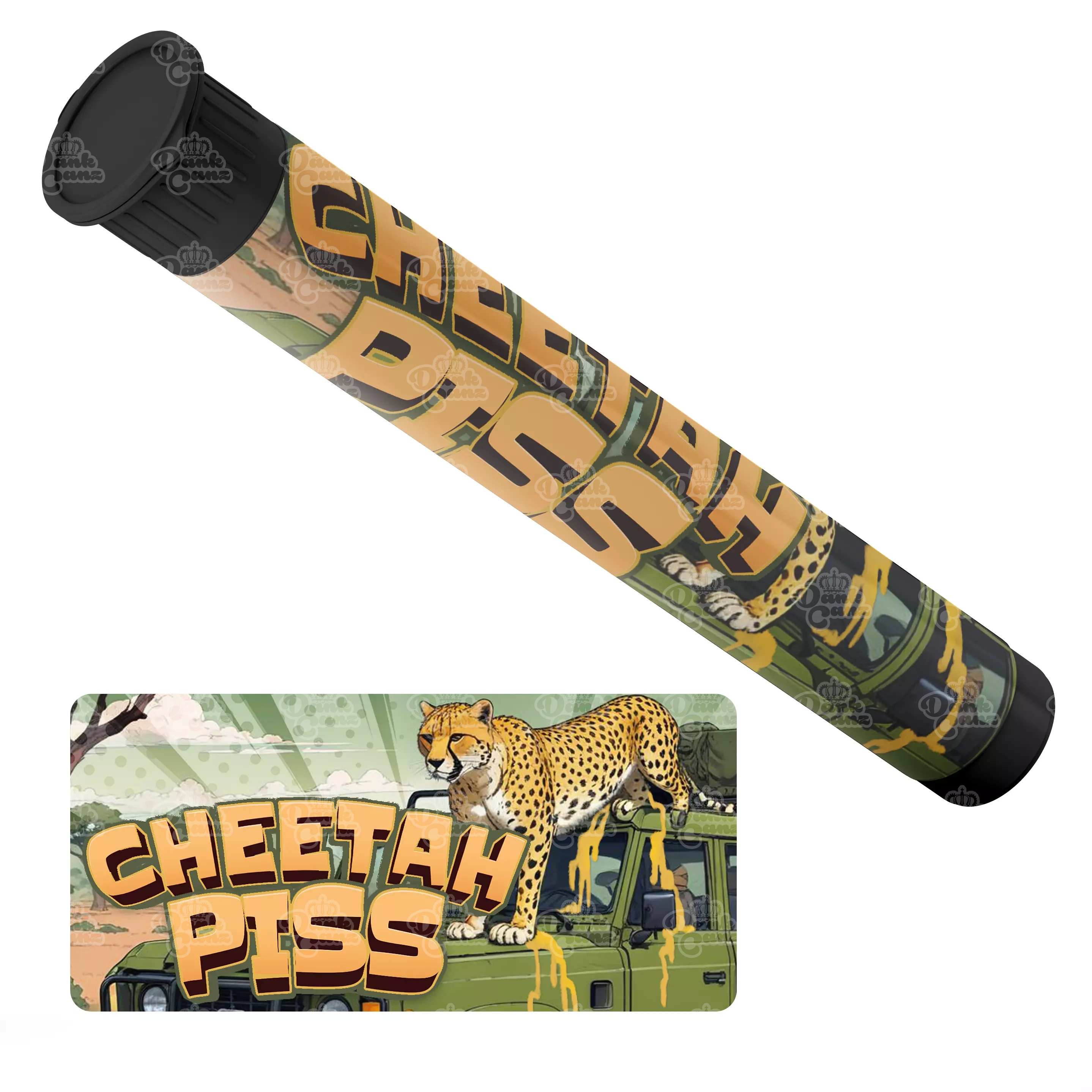 Cheetah Piss Pre Roll Tubes - Labelled - DC Packaging Custom Cannabis Packaging