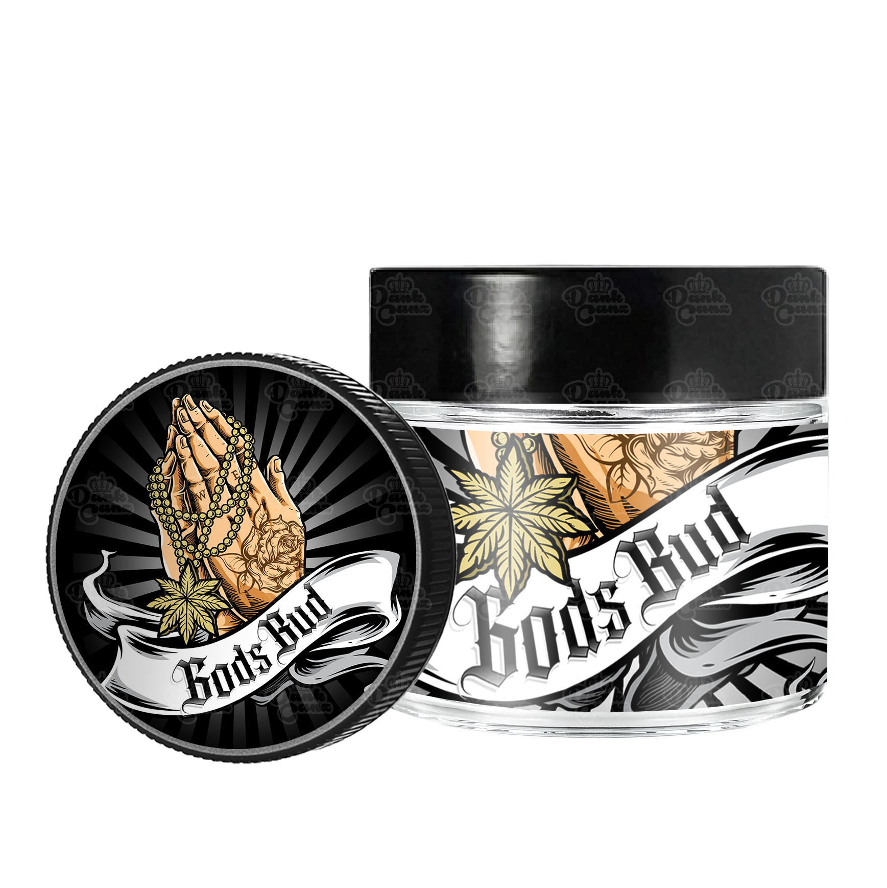 Gods Bud 3.5g/60ml Glass Jars - Labelled - DC Packaging Custom Cannabis Packaging