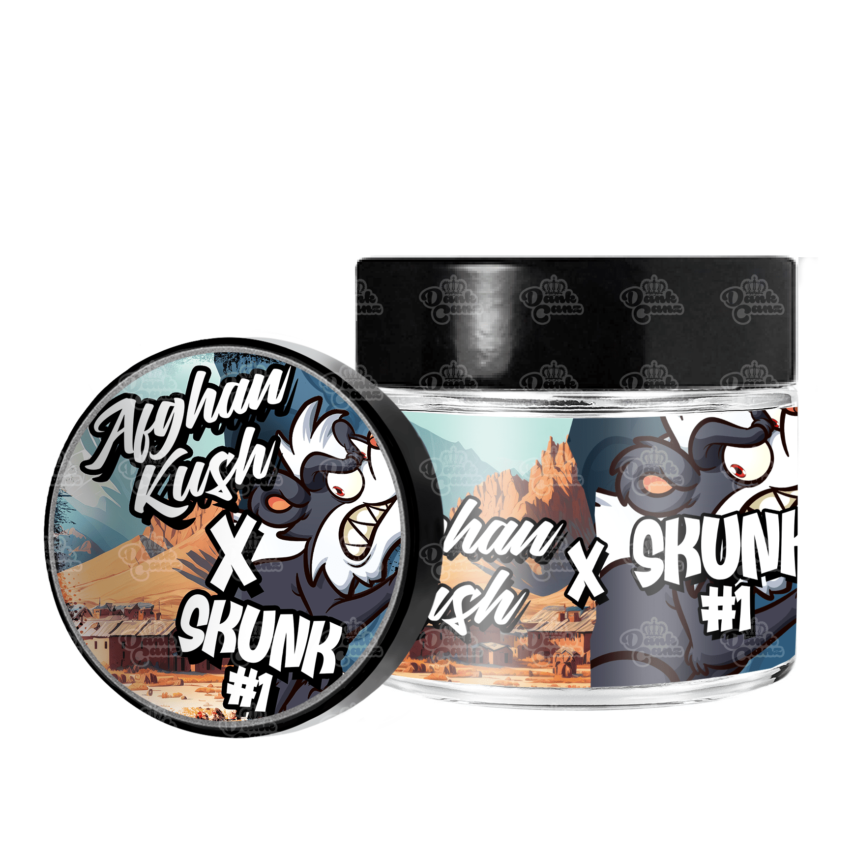Afghan Kush x Skunk 1 3.5g/60ml Glass Jars - Labelled - DC Packaging Custom Cannabis Packaging