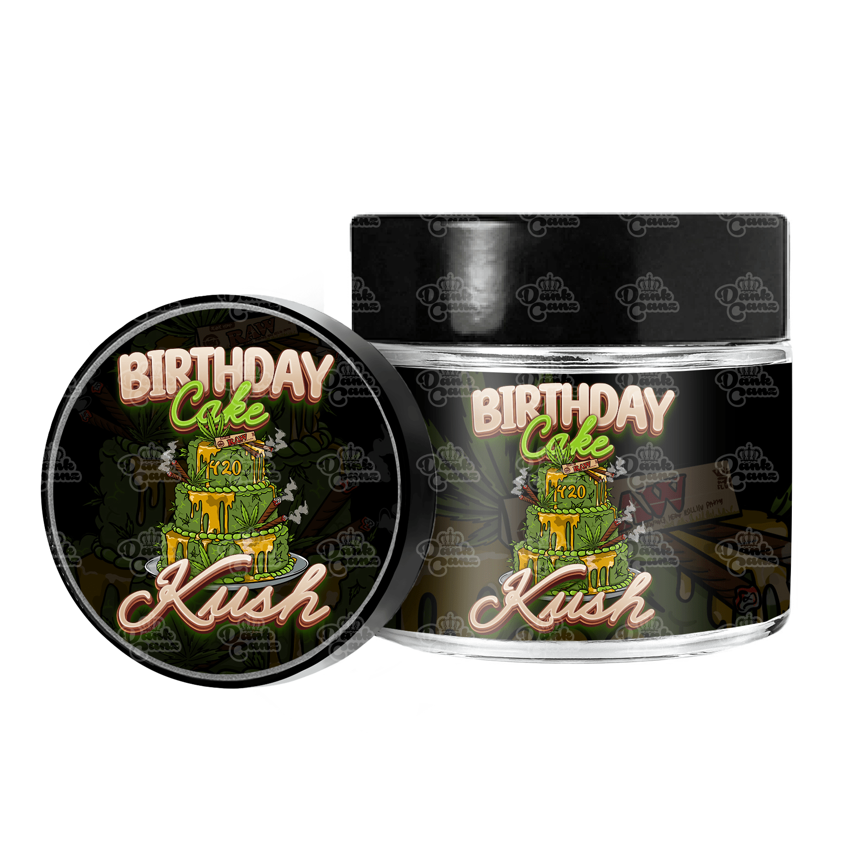 Birthday Cake Kush 3.5g/60ml Glass Jars - Labelled - DC Packaging Custom Cannabis Packaging