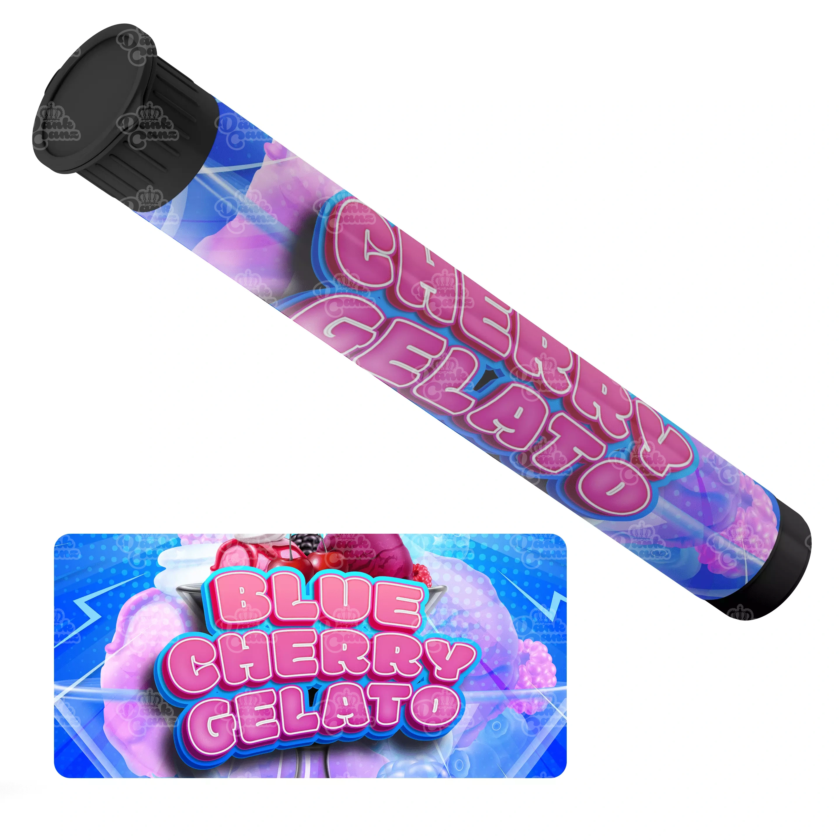 Blue Cherry Gelato Pre Roll Tubes - Labelled - DC Packaging Custom Cannabis Packaging