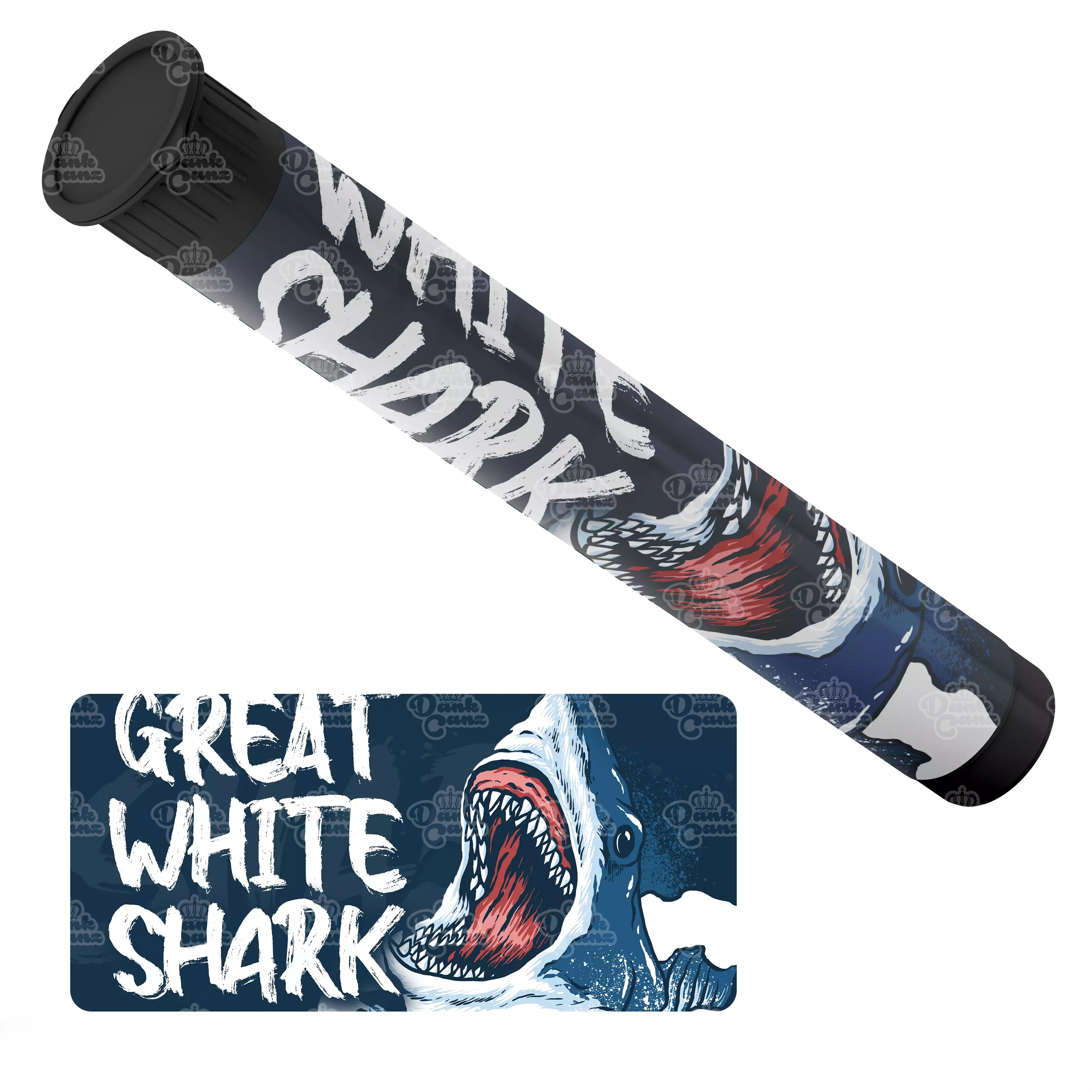 Great White Shark Pre Roll Tubes - Labelled - DC Packaging Custom Cannabis Packaging