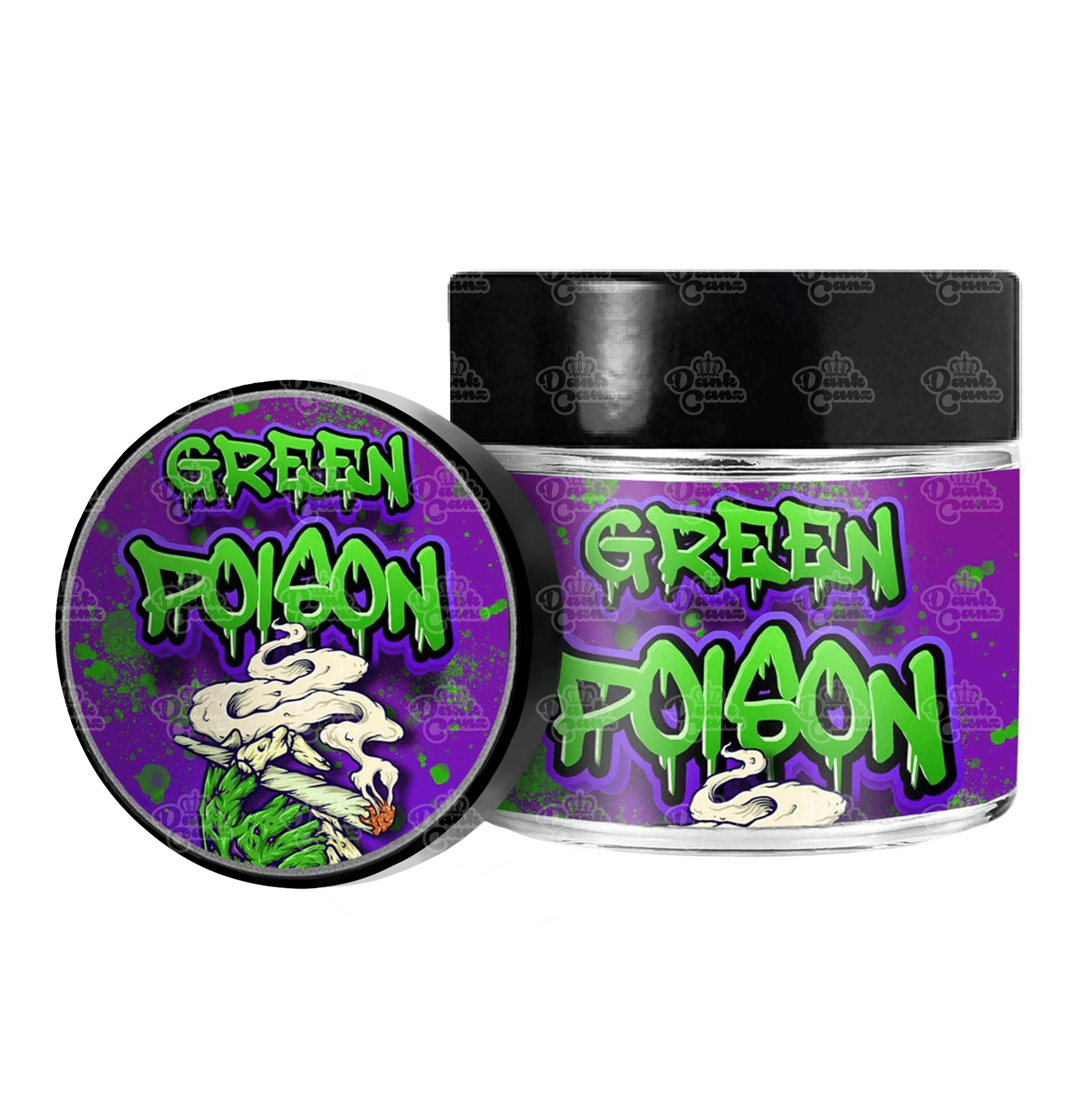 Green Poison 3.5g/60ml Glass Jars - Labelled - DC Packaging Custom Cannabis Packaging