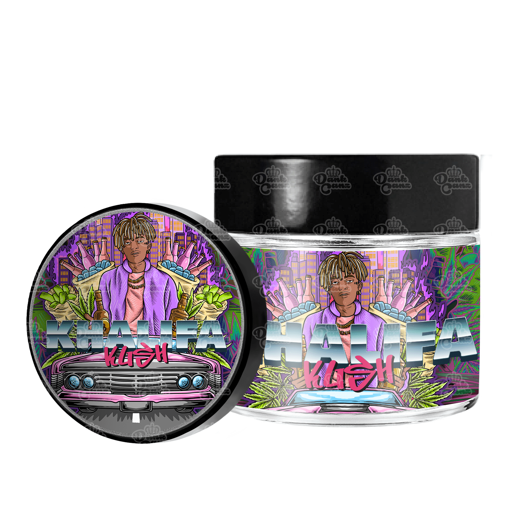 Khalifa Kush 3.5g/60ml Glass Jars - Labelled - DC Packaging Custom Cannabis Packaging