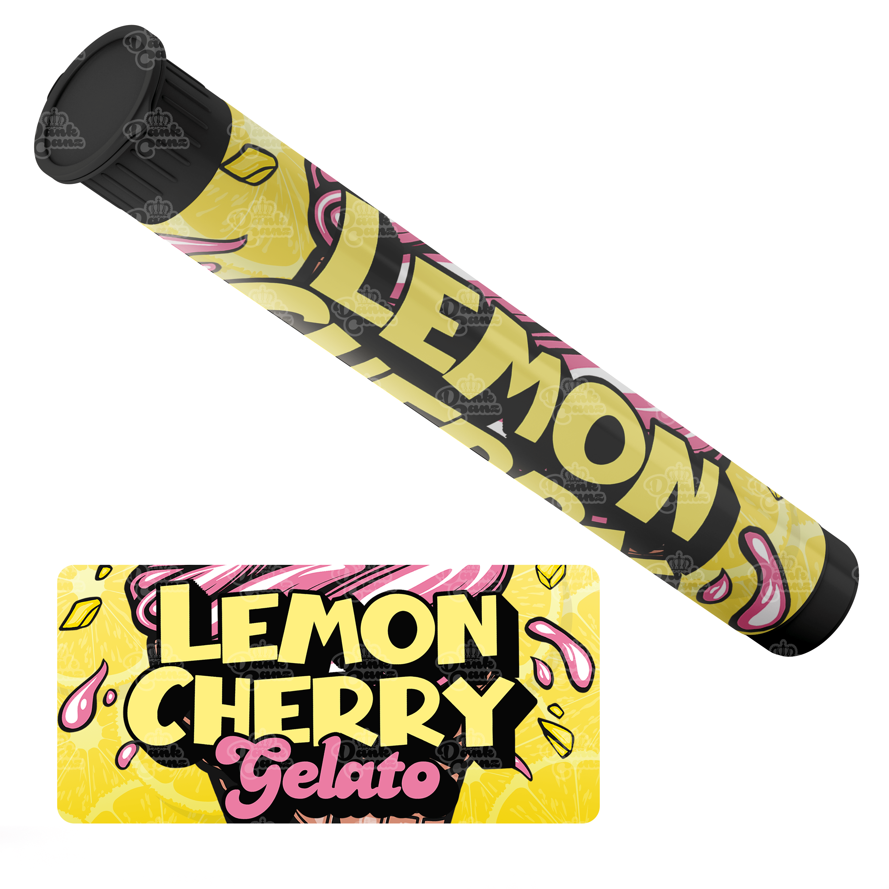 Lemon Cherry Gelato Pre Roll Tubes - Labelled - DC Packaging Custom Cannabis Packaging