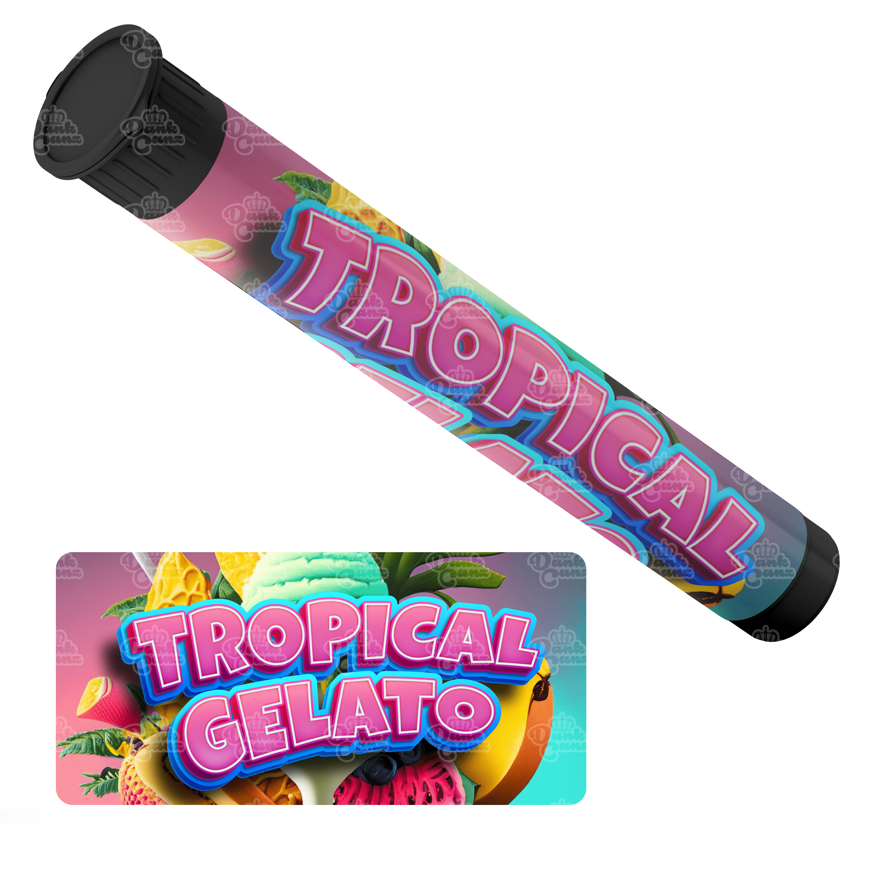 Tropical Gelato Pre Roll Tubes - Labelled - DC Packaging Custom Cannabis Packaging