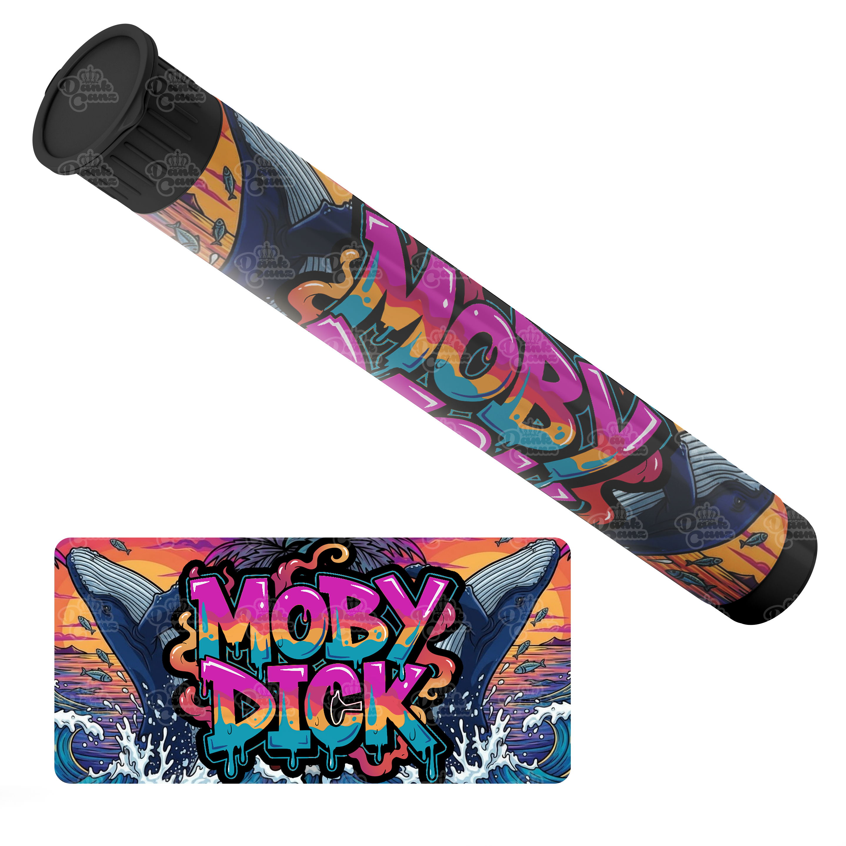 Moby Dick Pre Roll Tubes - Labelled - DC Packaging Custom Cannabis Packaging