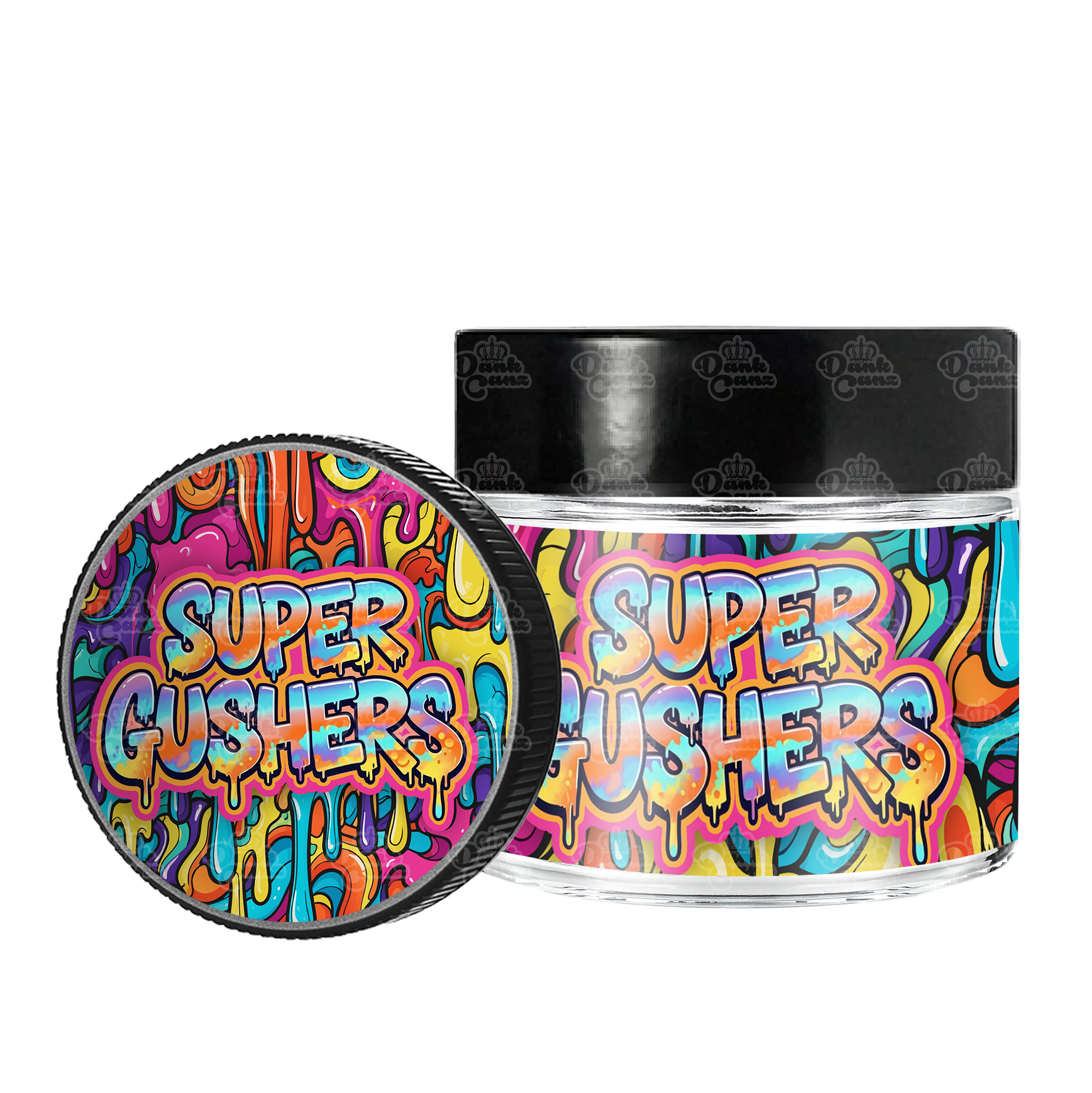 Super Gushers 3.5g/60ml Glass Jars - Labelled - DC Packaging Custom Cannabis Packaging
