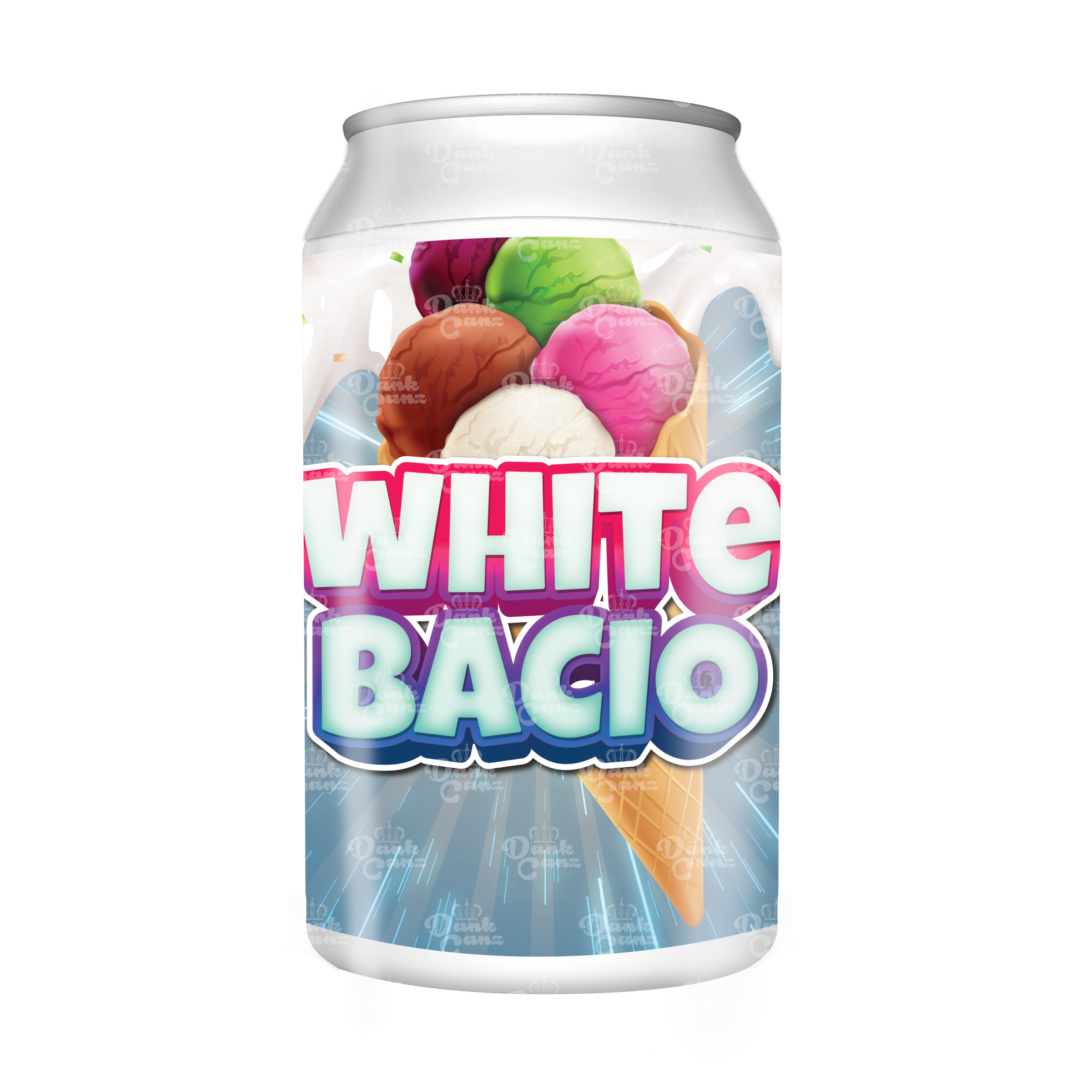 White Bacio 3.5g Plastic Soda Cans - DC Packaging Custom Cannabis Packaging