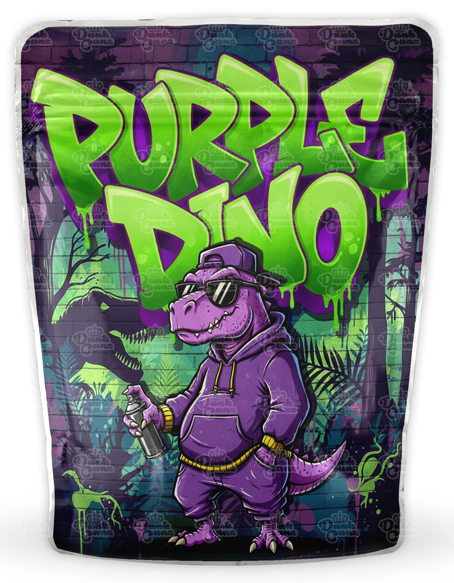 Purple Dino Mylar Bags - DC Packaging Custom Cannabis Packaging