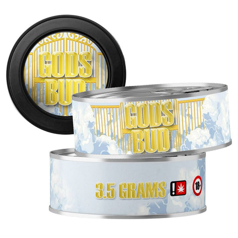 Gods Bud 3.5g Self Seal Tins - DC Packaging Custom Cannabis Packaging